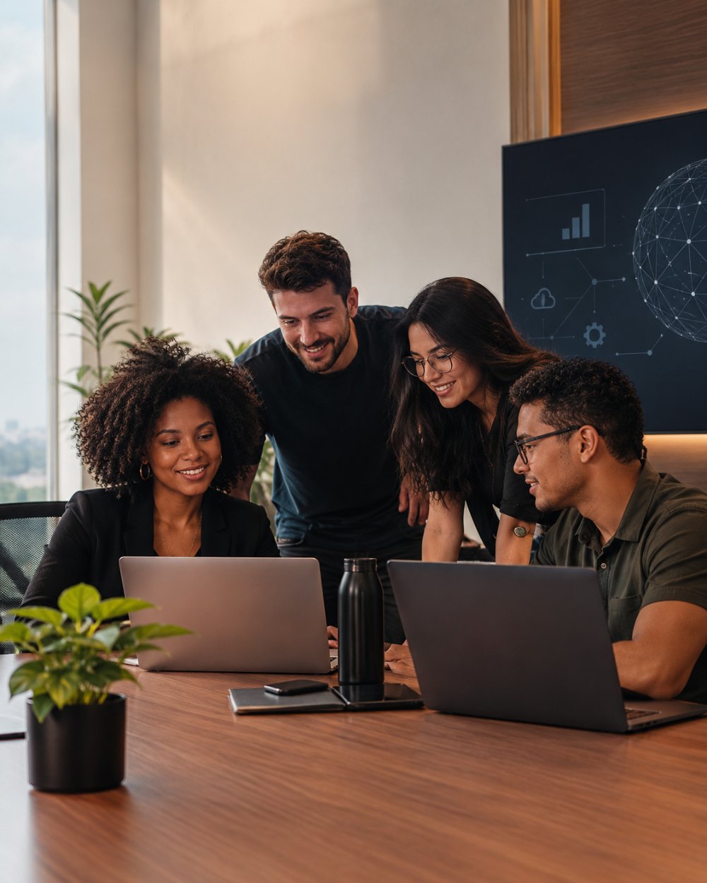 Equipe da Delta reunida em volta de notebooks em uma mesa de escritório, com uma tela de dados ao fundo